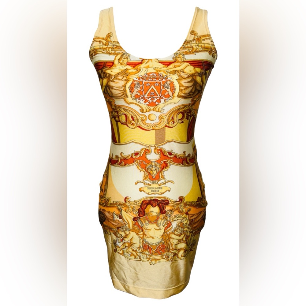 HERMES Early 1990s Paris Vintage Lycra Gold Baroque Bodycon Mini Dress - FR 40